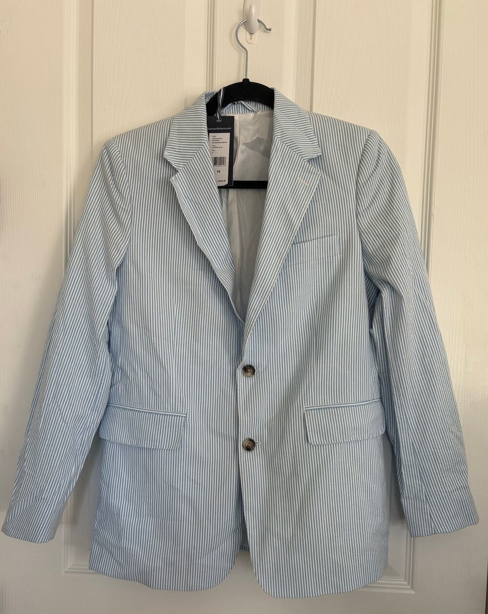 NWT Vineyard Vines Bayside Blue Seersucker Blazer Boys Size 16 White